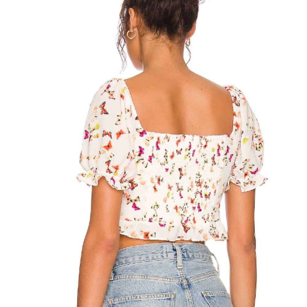 BCBG Generation Butterfly Print Crop Top - L - Puff Sleeve, Ruched Detail - Picture 3 of 11